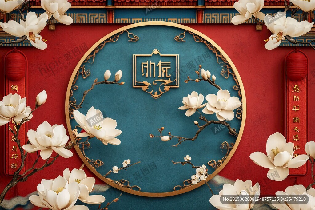 中式府邸玉蘭花裝飾圖景