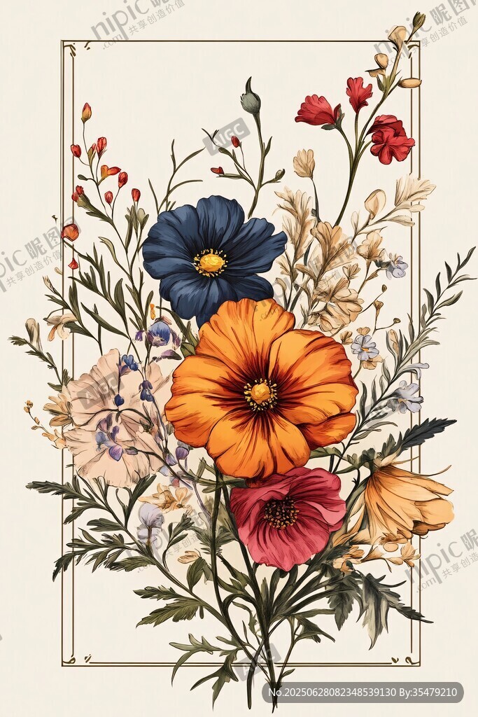 復古風花卉插畫藝術作品