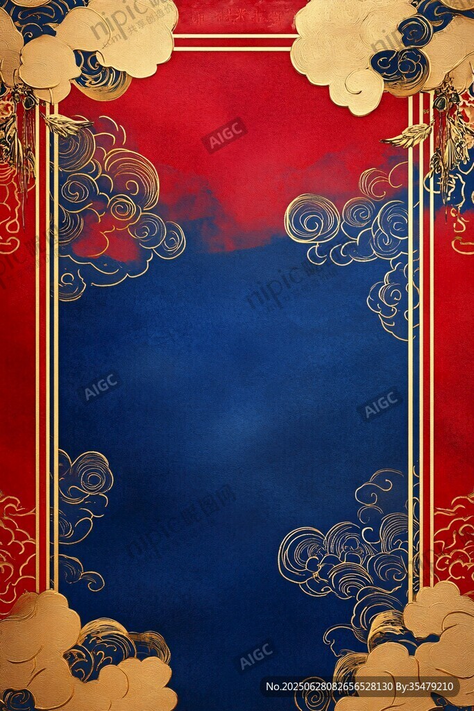 中式紅藍(lán)金云紋背景圖