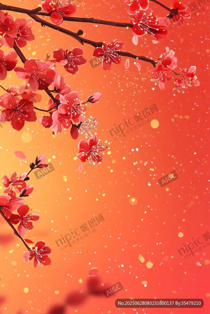 紅梅綻放于暖橙色背景中