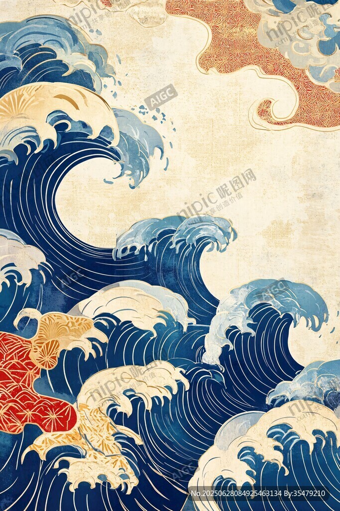 浮世繪風(fēng)格海浪與金魚(yú)圖景