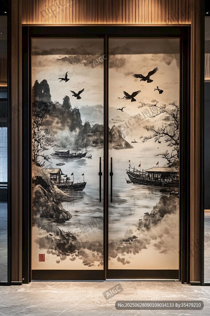 中式山水雙開門藝術(shù)畫卷