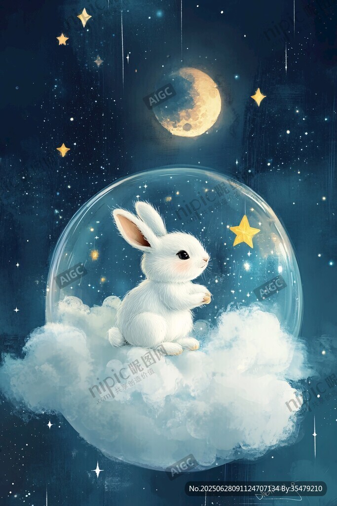 云端白兔望月夢幻插畫