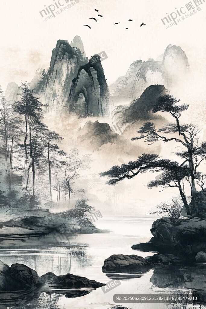 水墨山水間 飛鳥伴松影