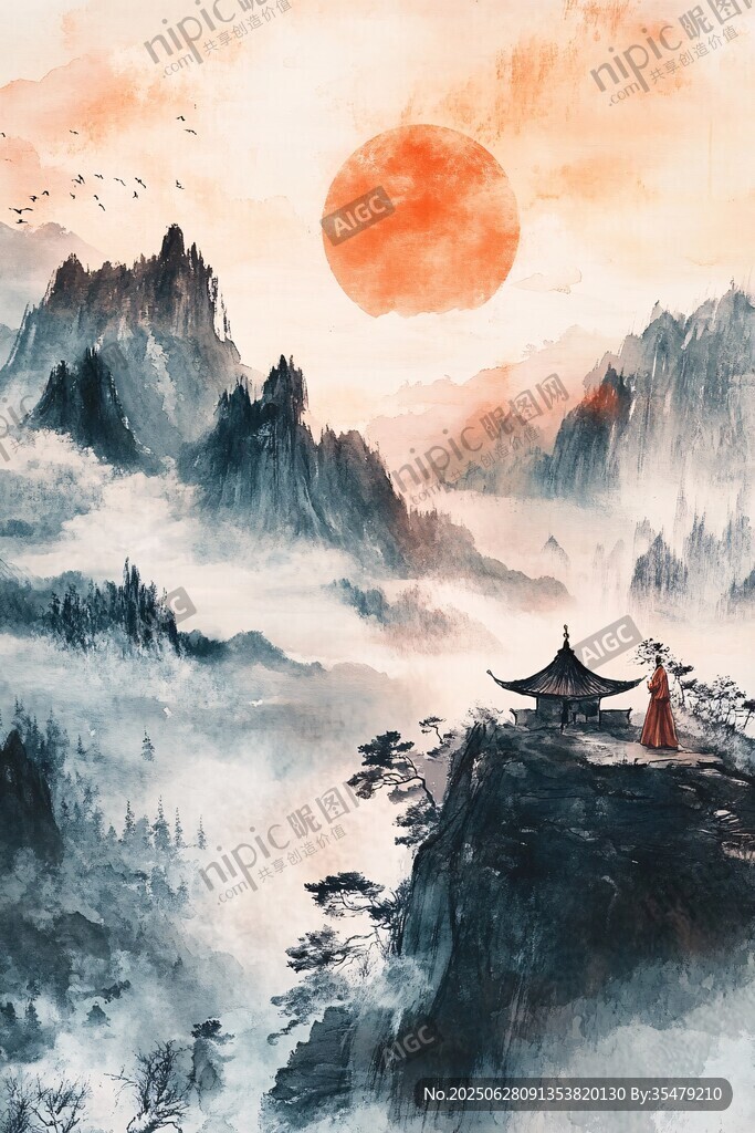 夕陽下的仙俠山水圖景