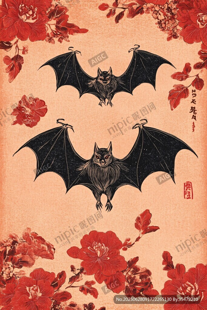 中式古風(fēng)蝙蝠花卉插畫