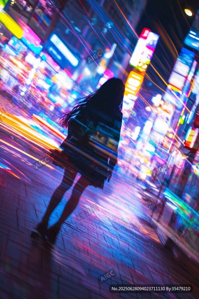 夜中少女漫步絢爛霓虹間