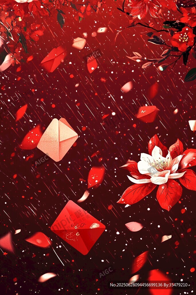 喜慶紅背景紅包花瓣飛舞