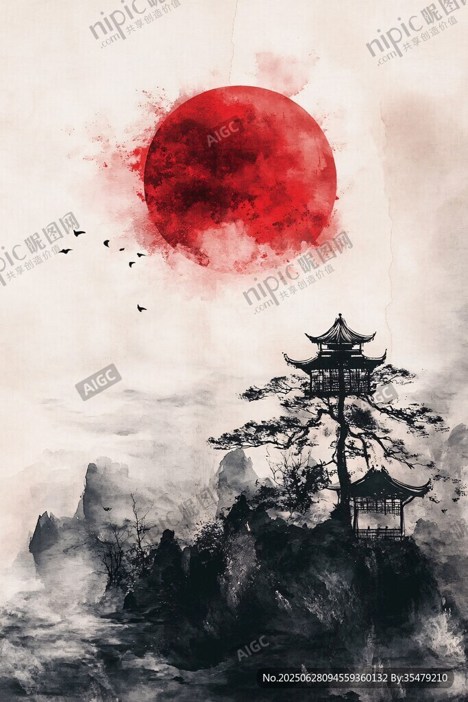 水墨山水紅日古亭意境圖