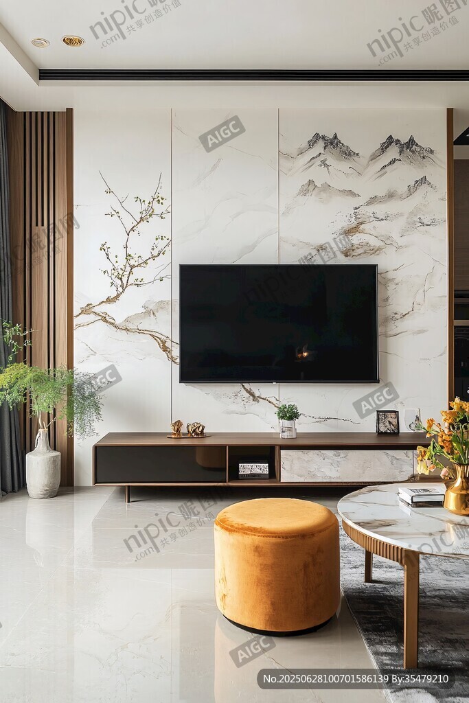 新中式客廳電視墻雅致景致