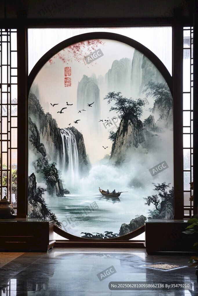 中式圓窗山水墨畫意境美