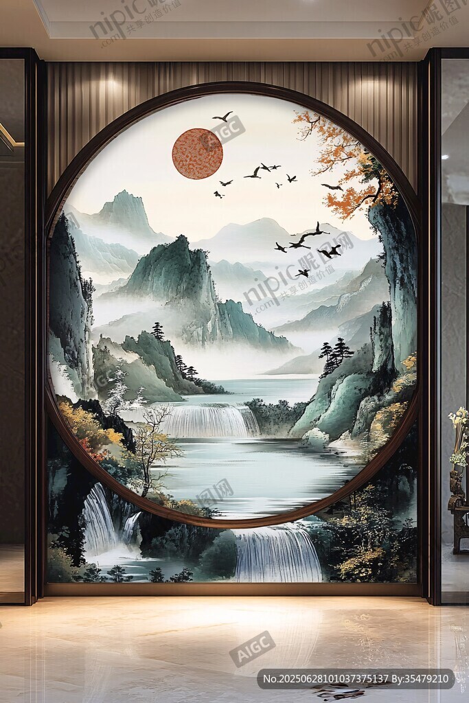 中式山水圓形玄關壁畫意境美