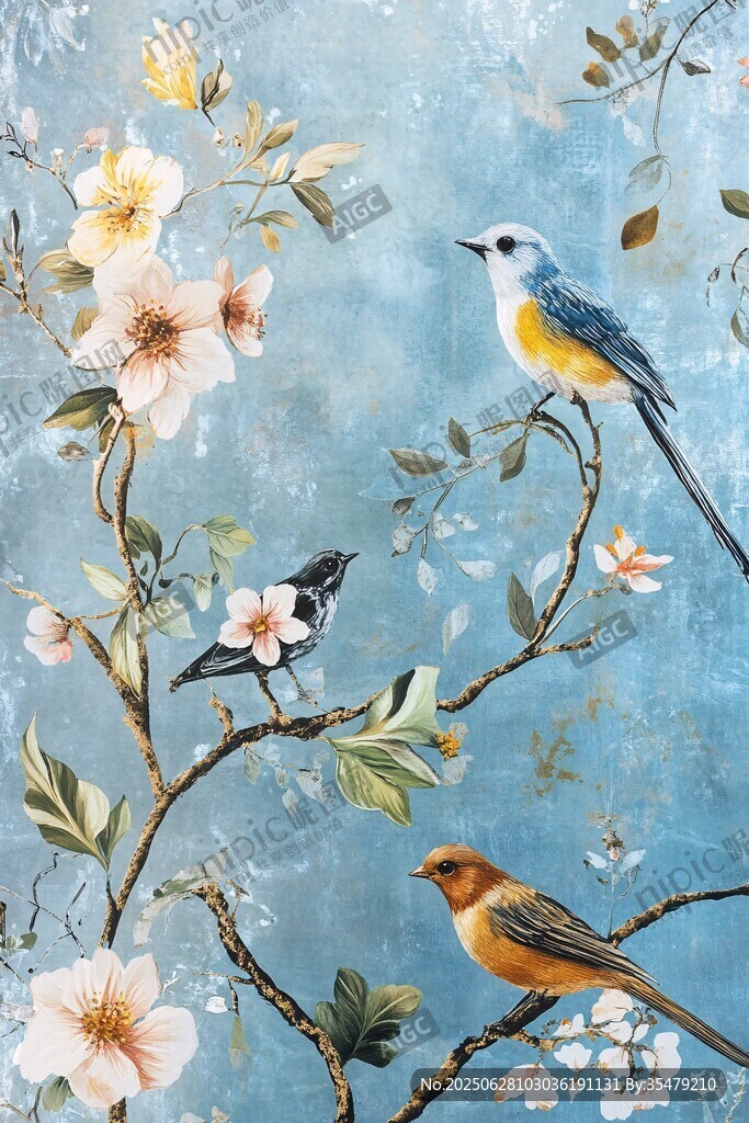 藍(lán)底花鳥圖 靈動(dòng)鳥兒伴繁花