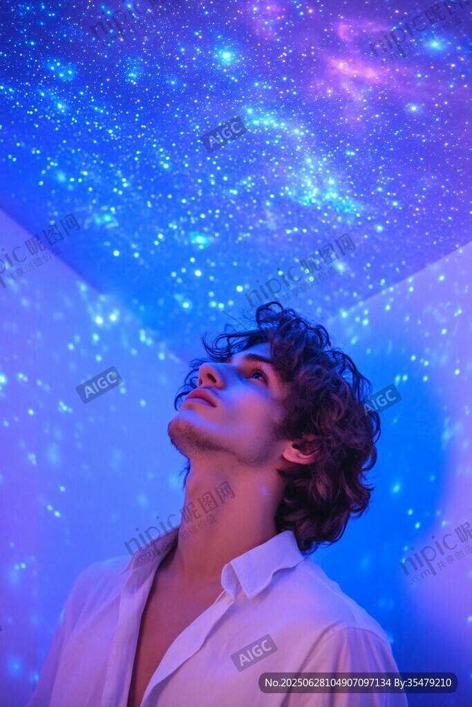 男子仰望夢幻星空場景