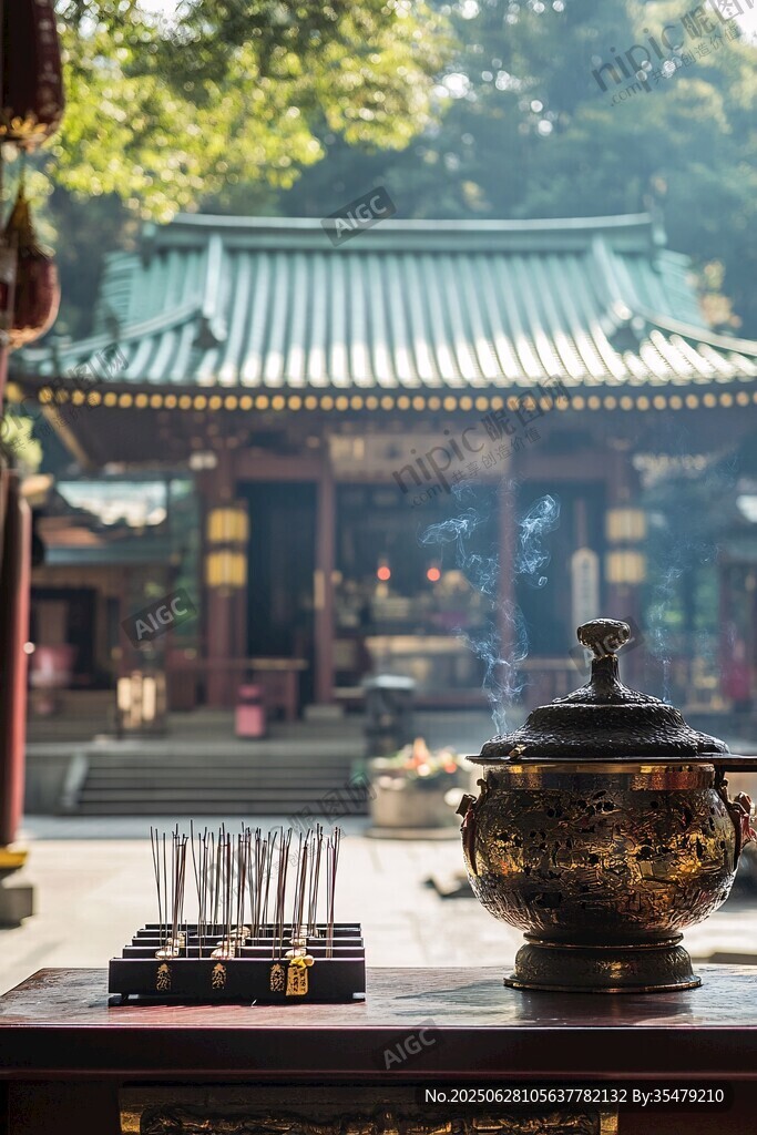 古寺前的焚香祈福場景