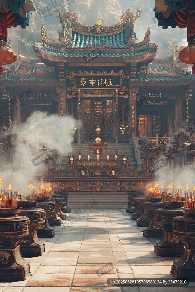 中式古廟宇前的焚香場景