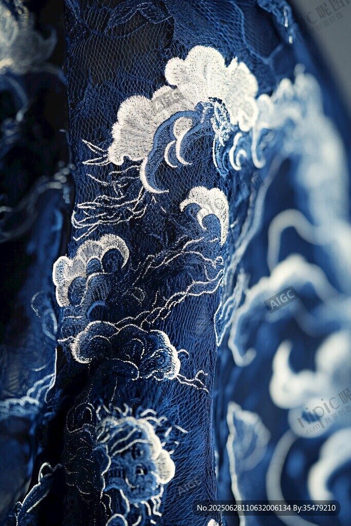 藍(lán)底云紋刺繡服飾細(xì)節(jié)