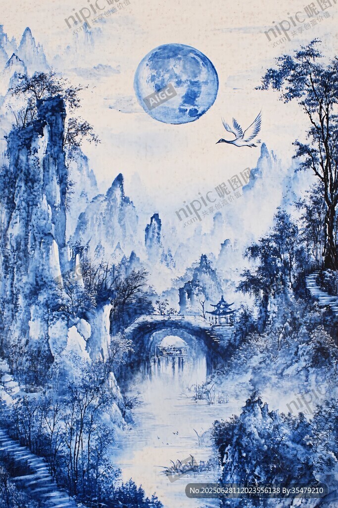 藍墨山水間的月夜景致