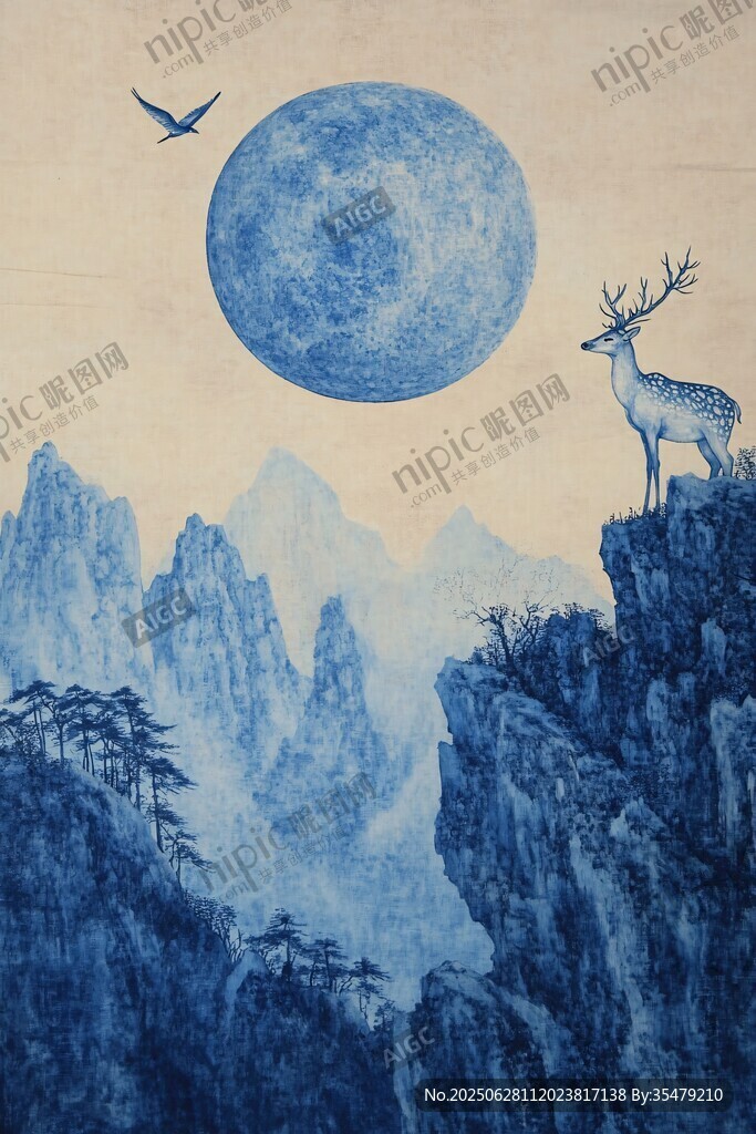 月夜山巔靈鹿飛鳥圖景