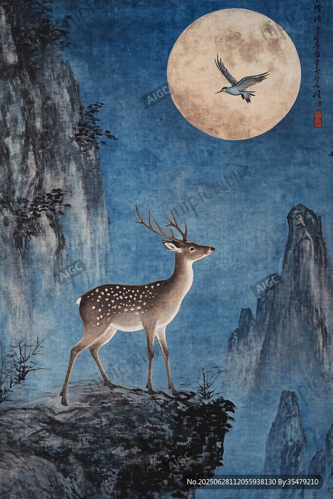 月夜靈鹿立崖賞景