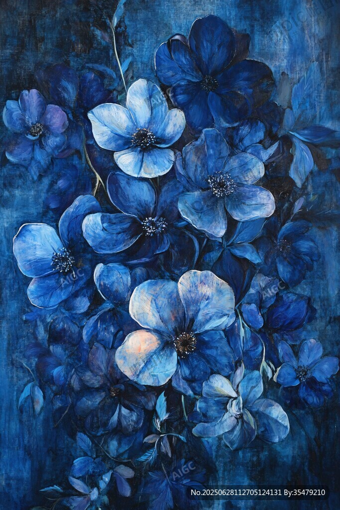藍色花卉藝術繪畫作品