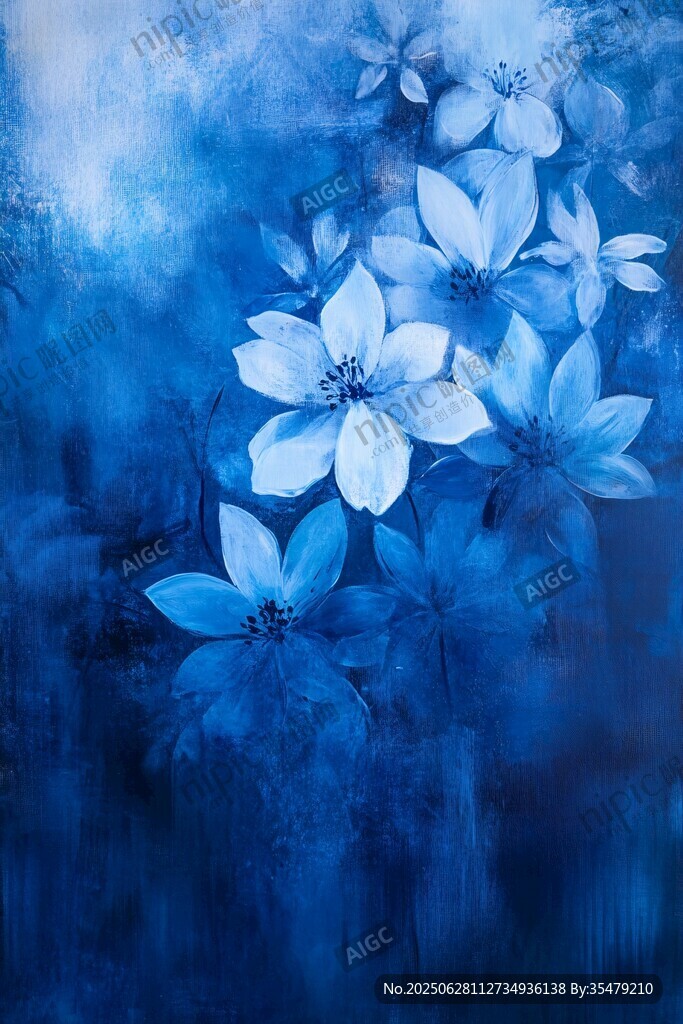 藍色夢幻花卉藝術畫作