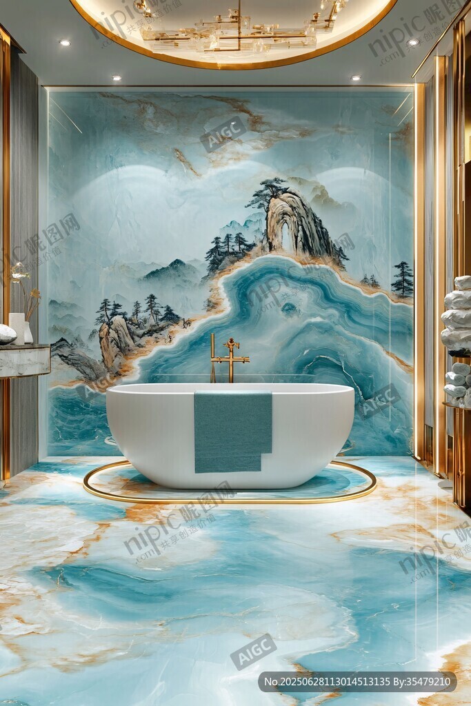 中式風奢華浴室浴缸美景