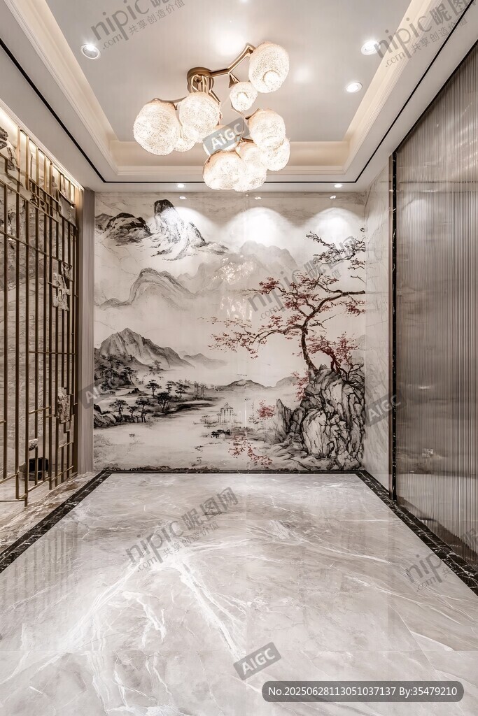 中式典雅玄關 山水壁畫空間