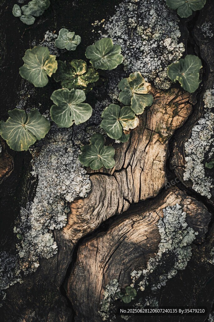 樹皮上的綠植與斑駁紋理