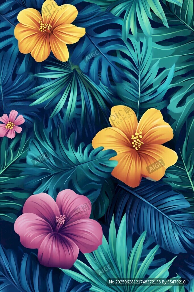 熱帶花卉與葉片圖案背景