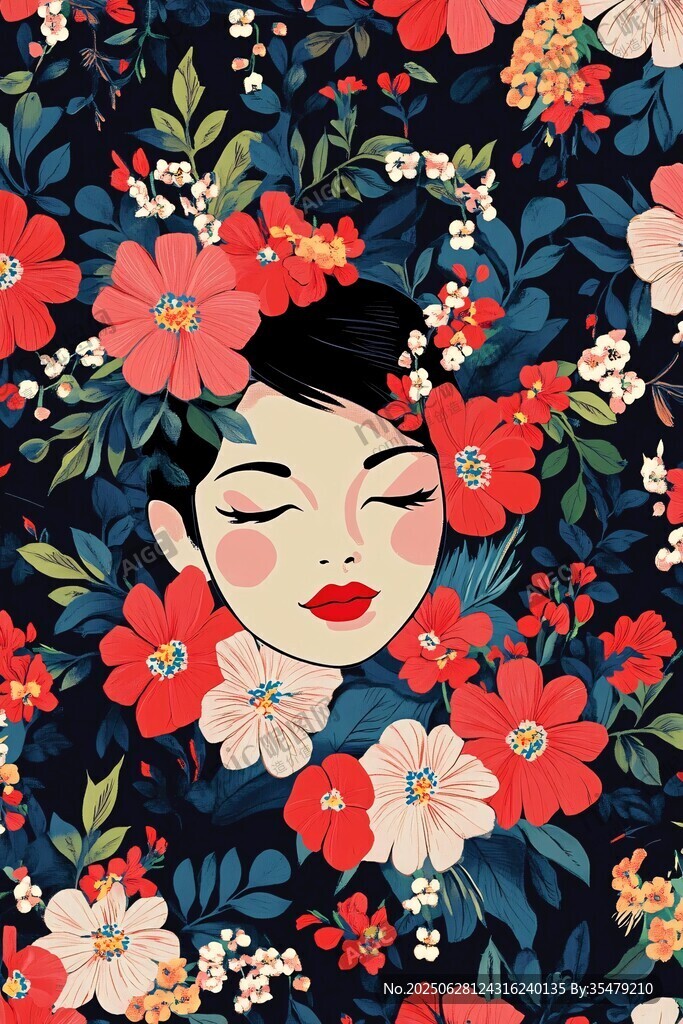 花叢中的閉眼少女