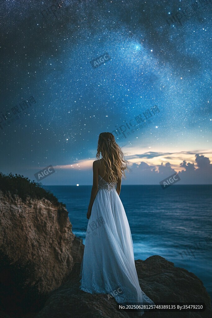 女子海邊賞璀璨星空美景