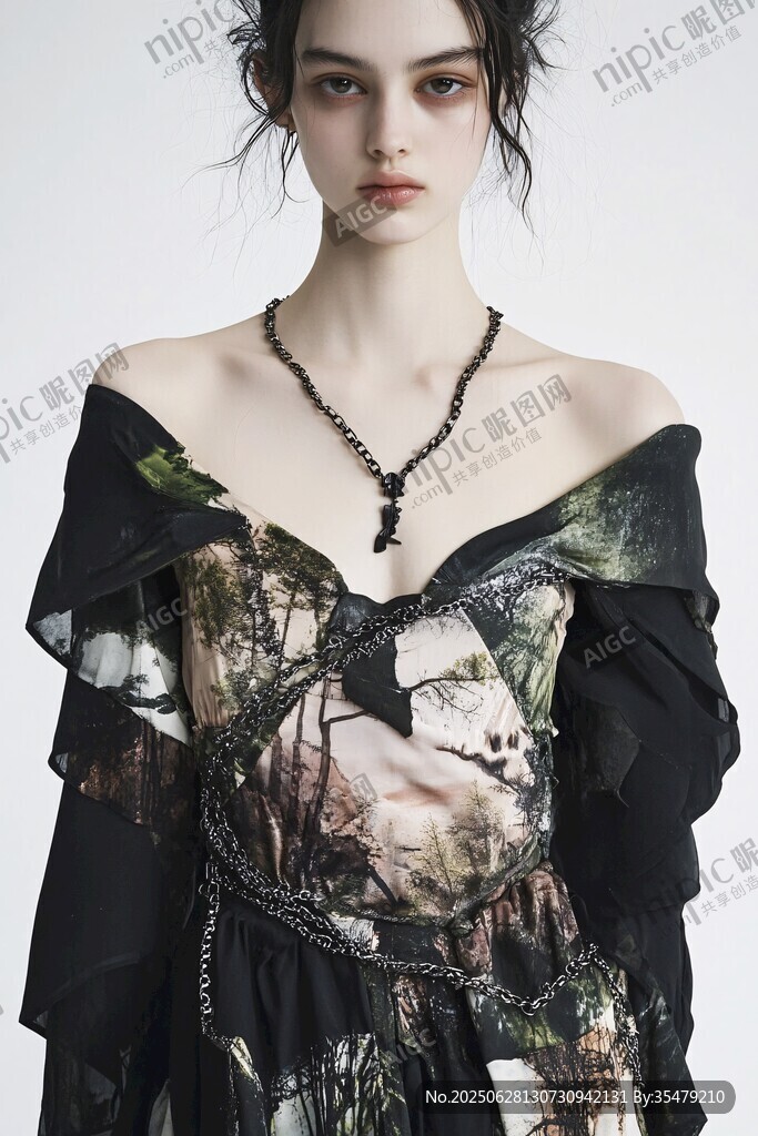 暗黑風個性印花露肩裝模特