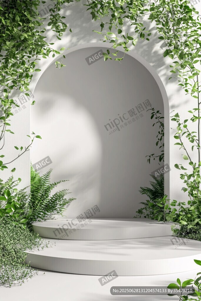 白色拱門綠植環繞展示空間