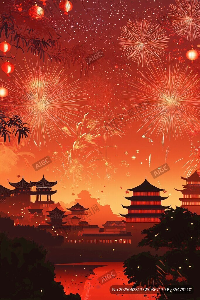 喜慶煙花下的古風(fēng)夜景