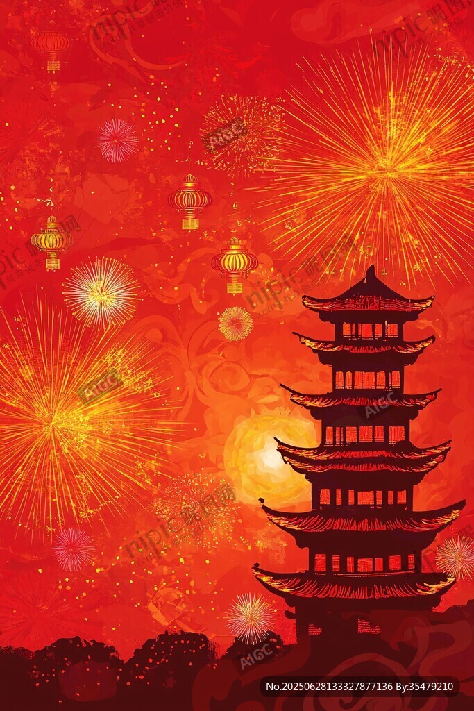 喜慶煙花下的中式塔樓