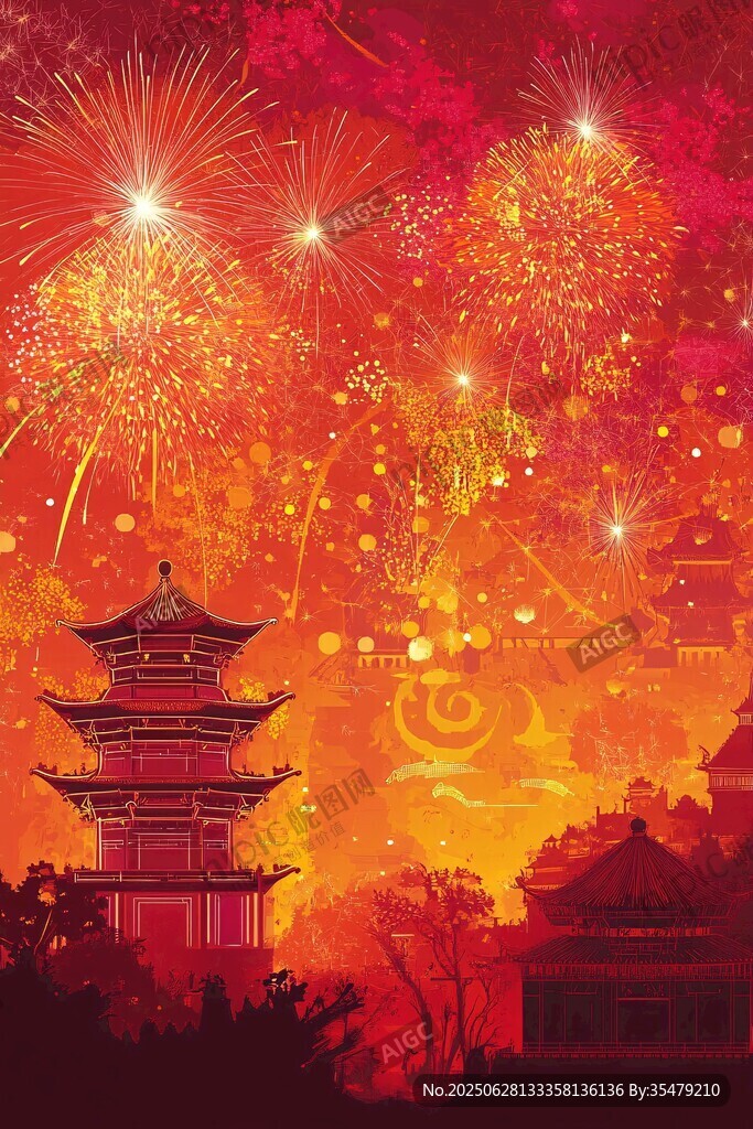 煙花下的中式古建筑夜景