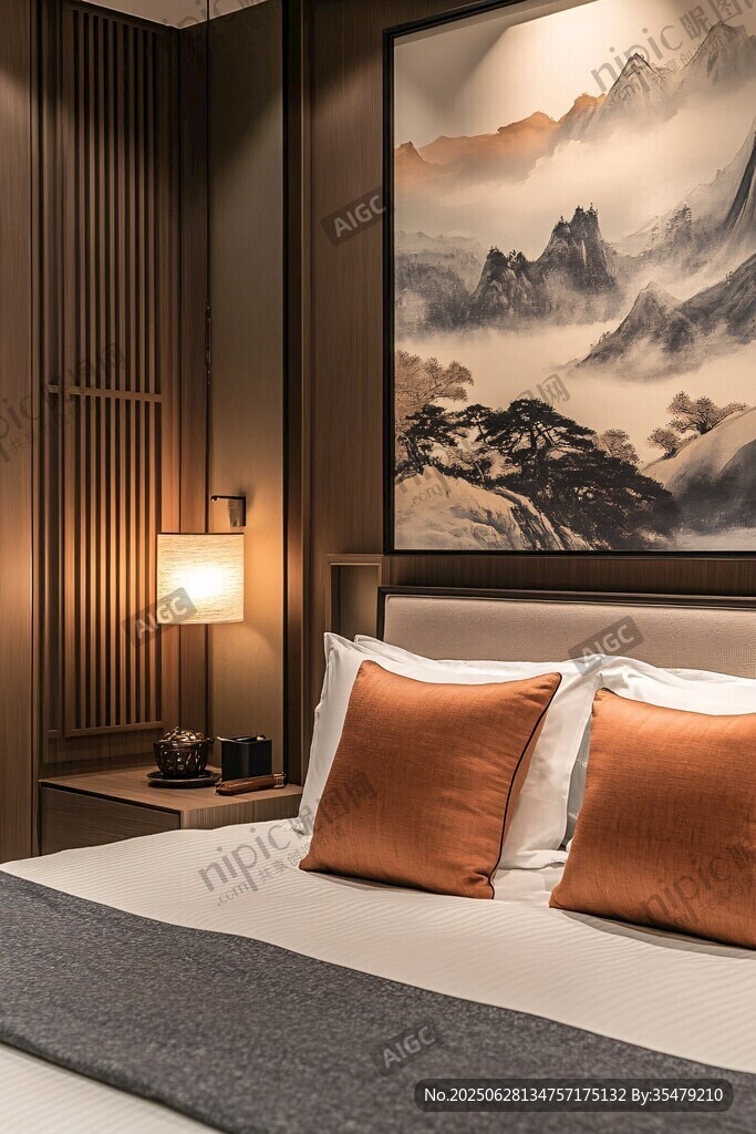 中式典雅臥室床頭景致