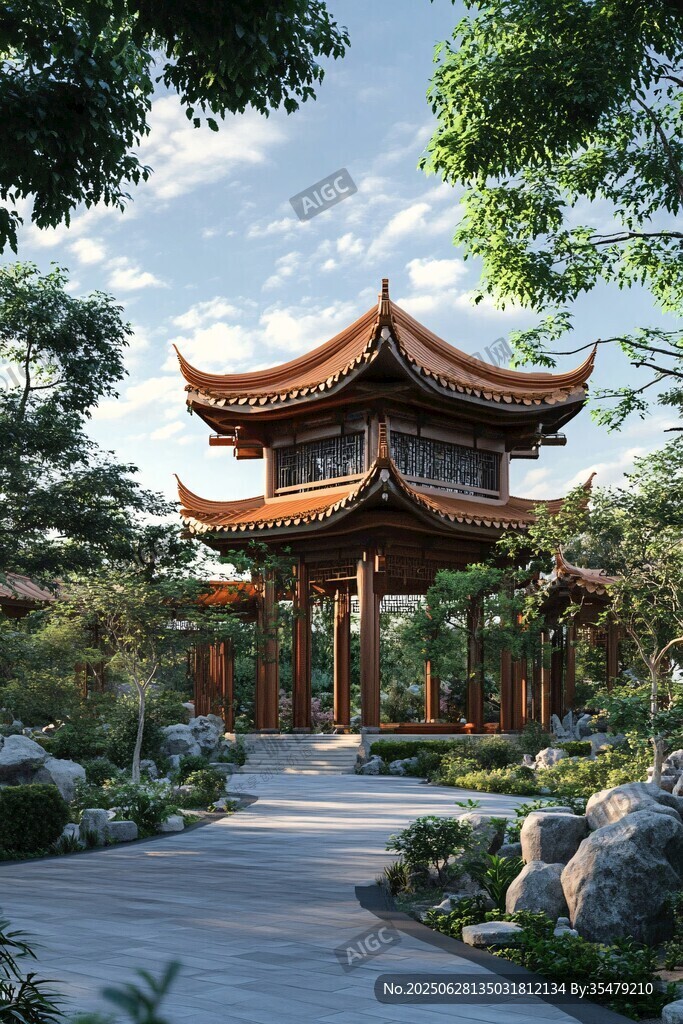 中式園林涼亭景觀圖