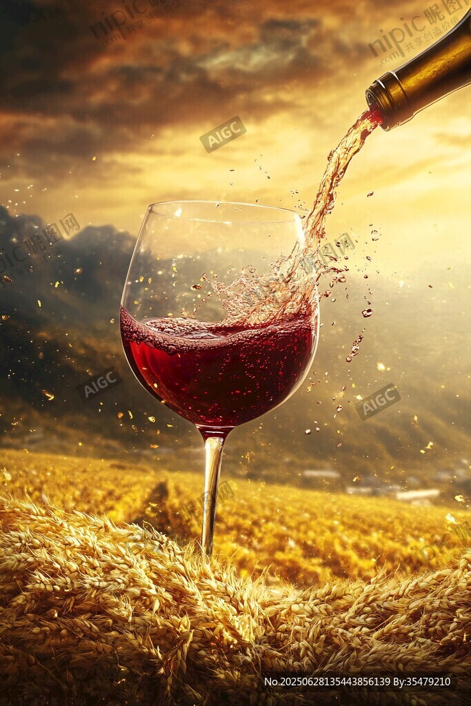 夕陽下紅酒倒入杯中美景