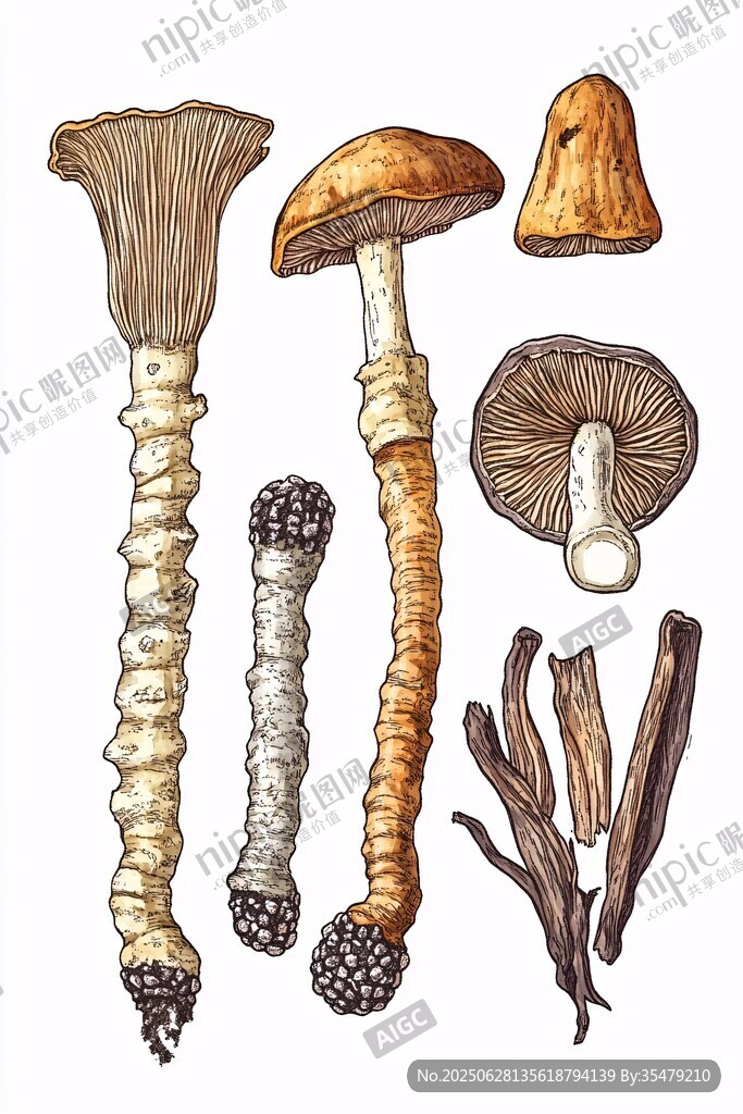 多種野生菌類手繪插畫圖