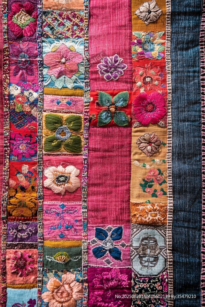 多彩刺繡拼布織物圖案