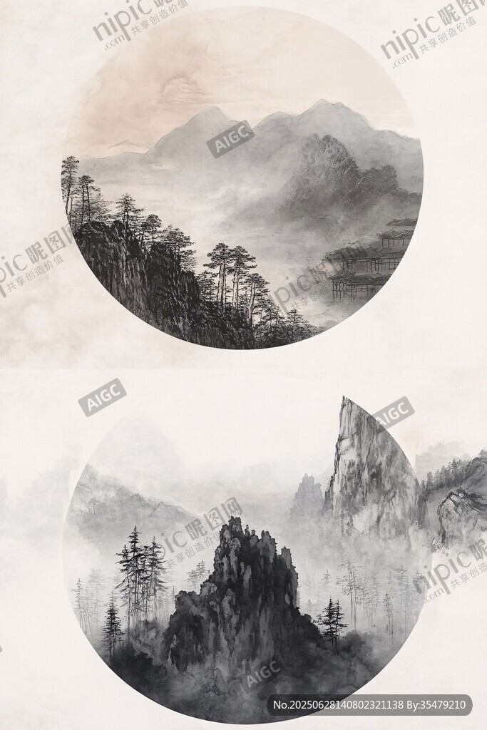 中式水墨山水圓形畫作