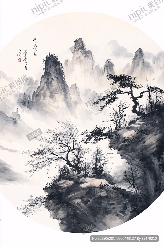 水墨山水圓景圖