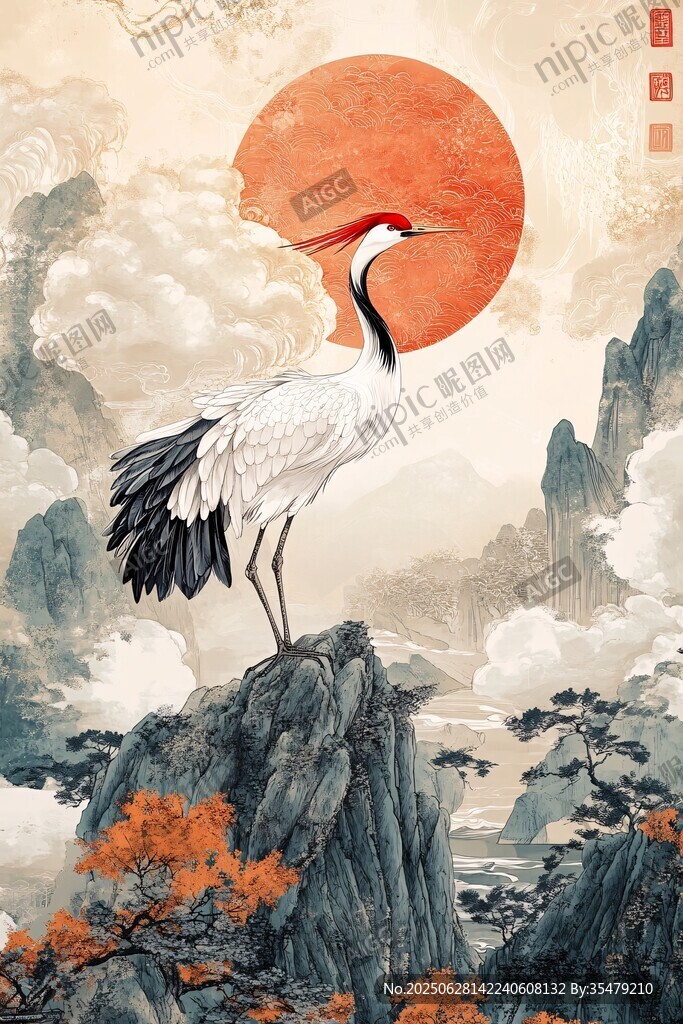 丹頂鶴立于山川紅日之下