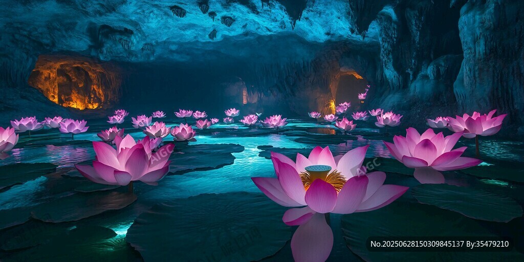 夢幻洞穴中的粉色蓮花盛景