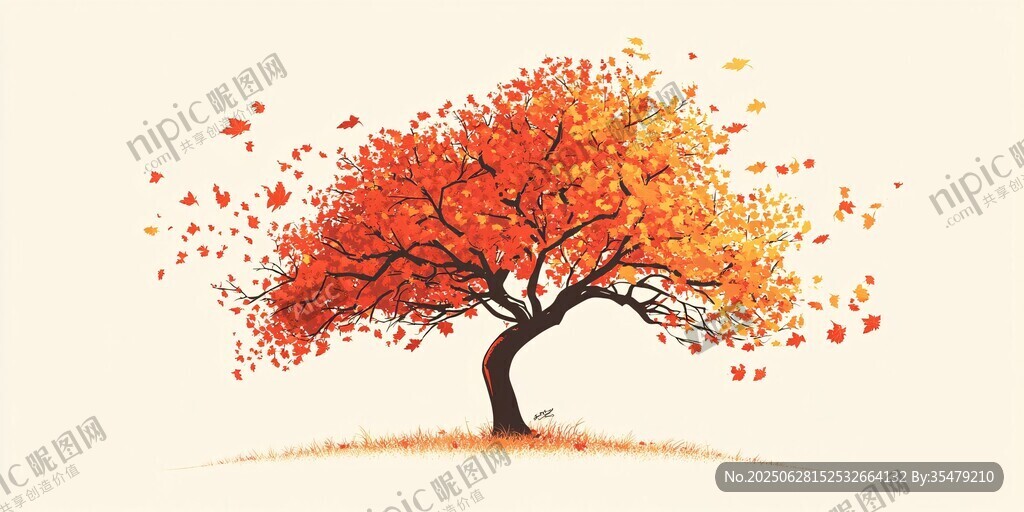 秋日獨樹 紅葉飄零