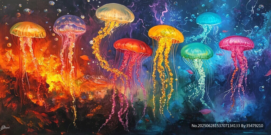 夢(mèng)幻多彩水母在深海遨游