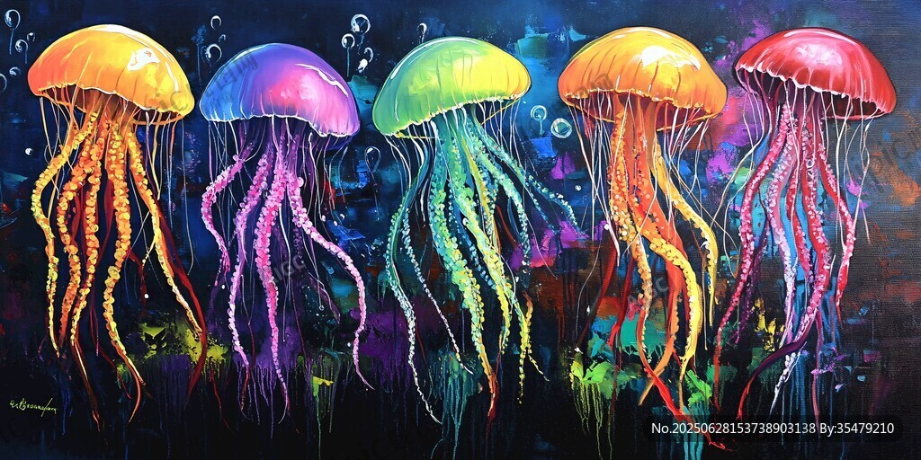 夢幻多彩水母海洋畫作