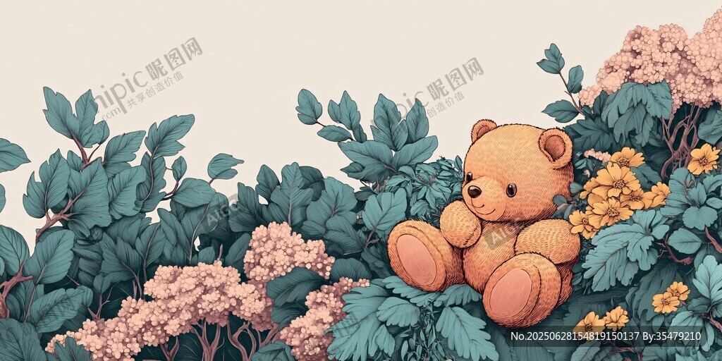 小熊置身繁花綠葉間